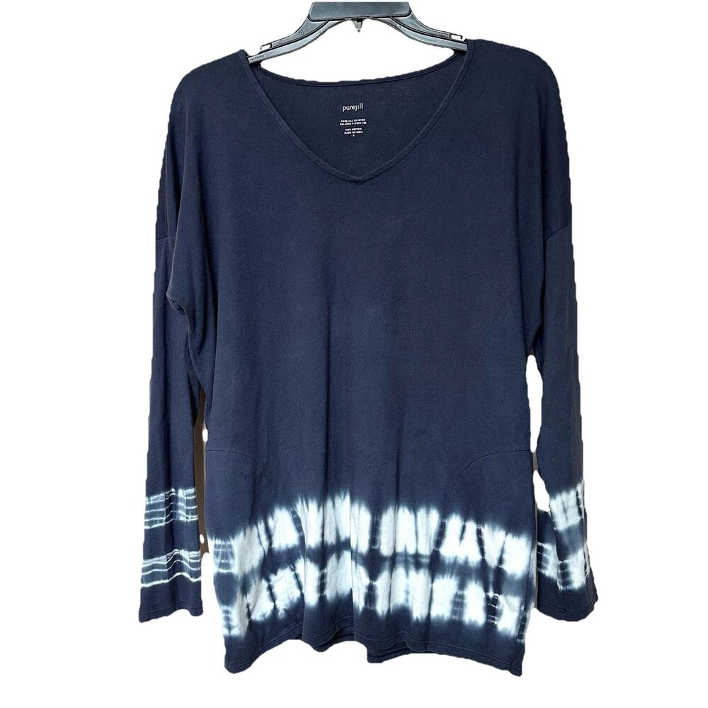 Pure Jill Top Sm Blue Tie Dyed V Neck Relaxed Tee Boho Preppy Nautical Coastal